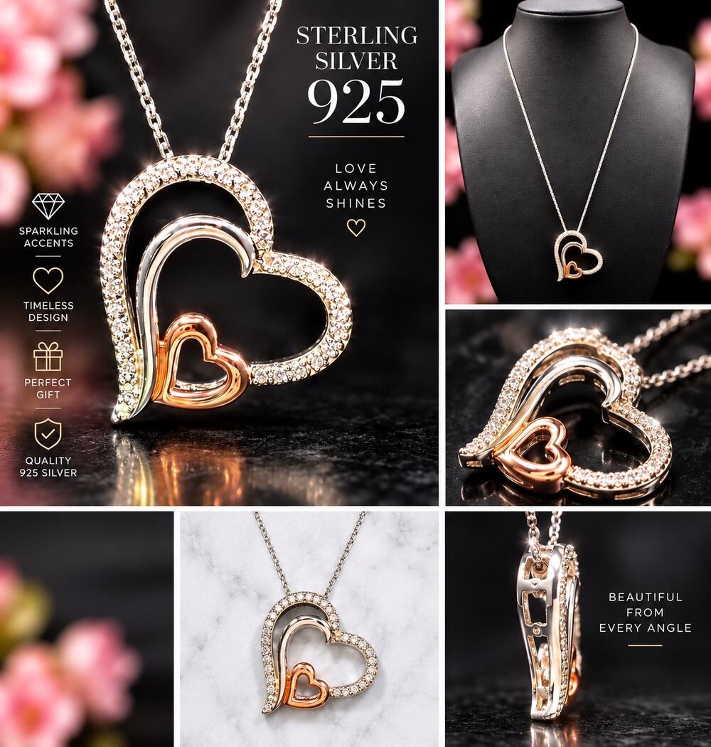 925 Sterling Silver Natural Diamond Double Heart Pendant Necklace 0.05 CTTW